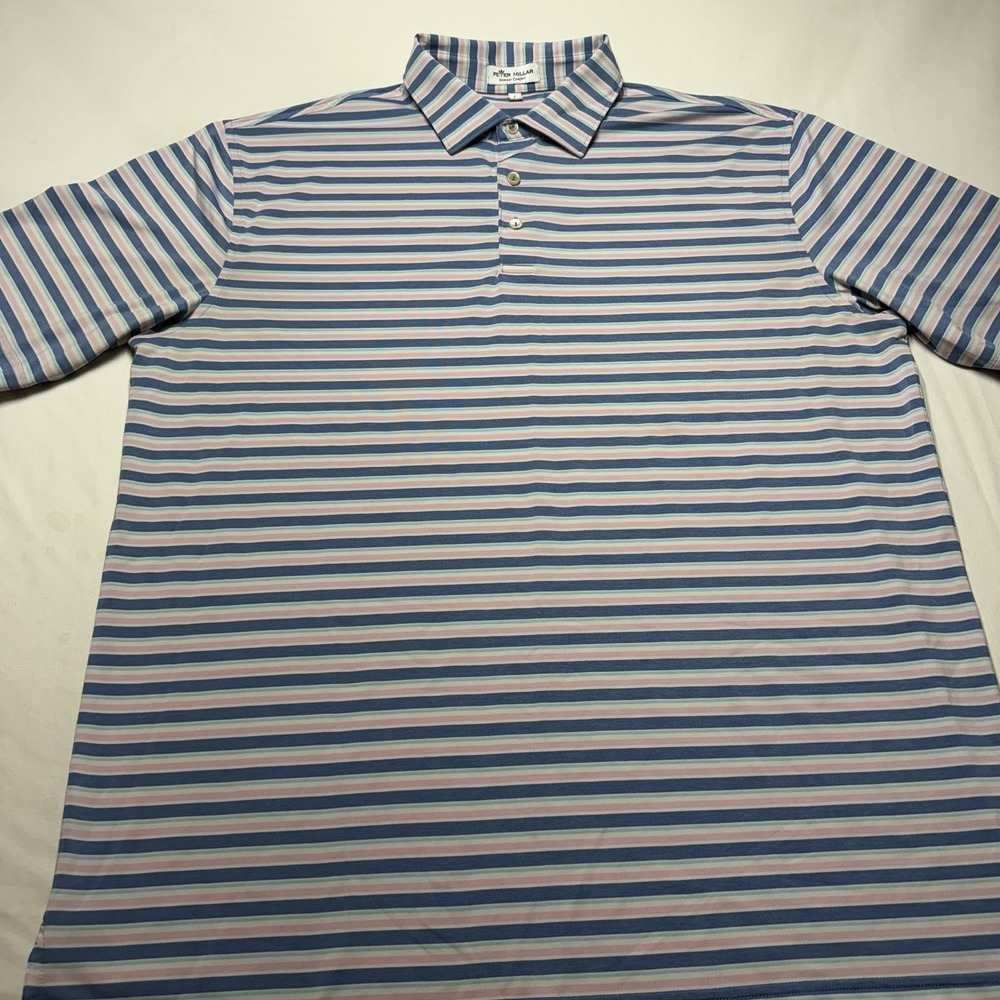 Peter Millar Summer Comfort Polo Mens Size Large Blue Pink Stripe Short Sleeve